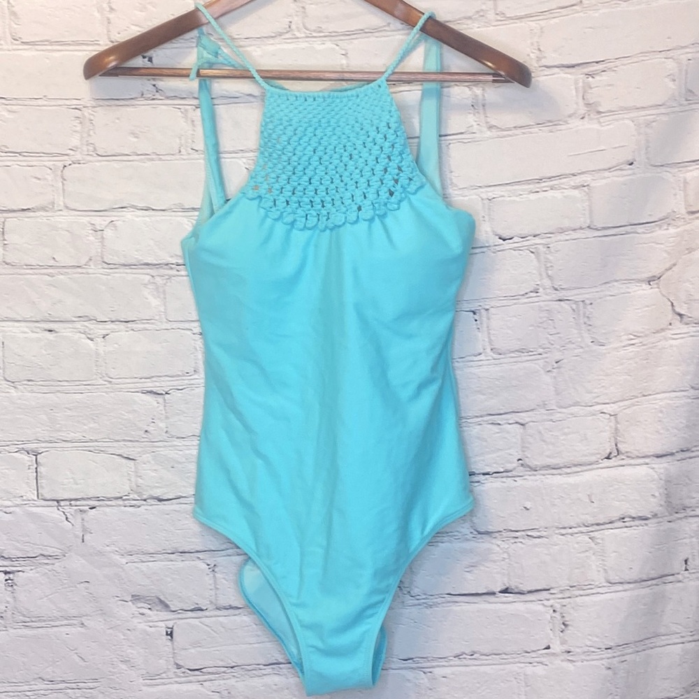 Aerie Aqua Blue Crochet Swim Bathing Suit Size Small Excellent Condition
